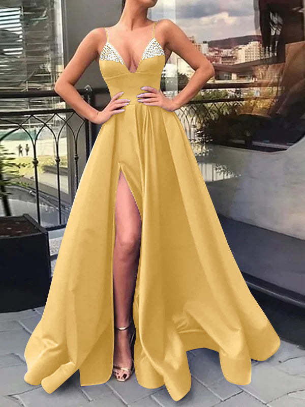 Princess A-Line V-Neck Long Prom Dress with Spaghetti Straps Side Split & Sequins