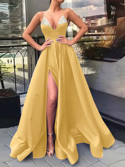 Princess A-Line V-Neck Long Prom Dress with Spaghetti Straps Side Split & Sequins