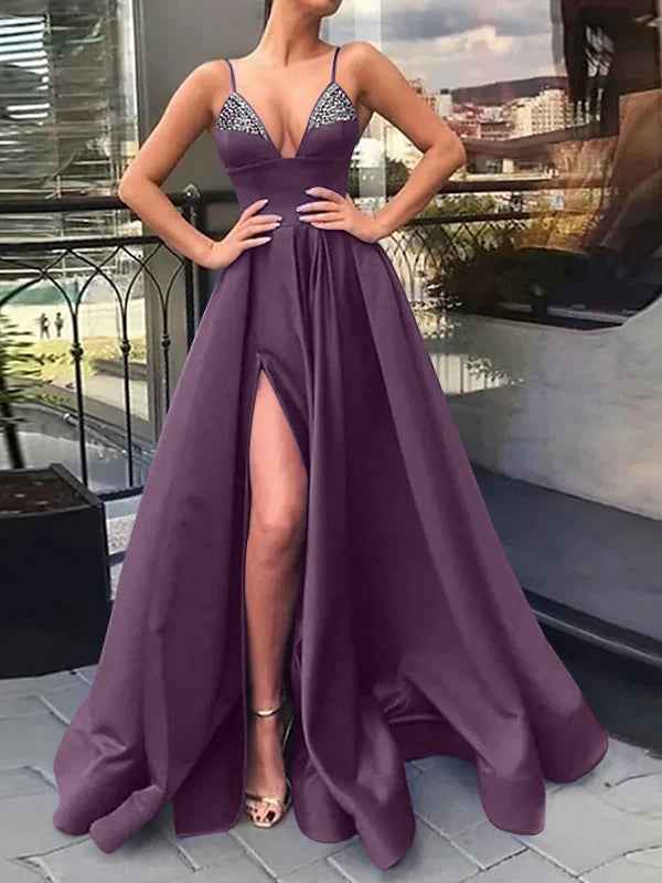 Princess A-Line V-Neck Long Prom Dress with Spaghetti Straps Side Split & Sequins