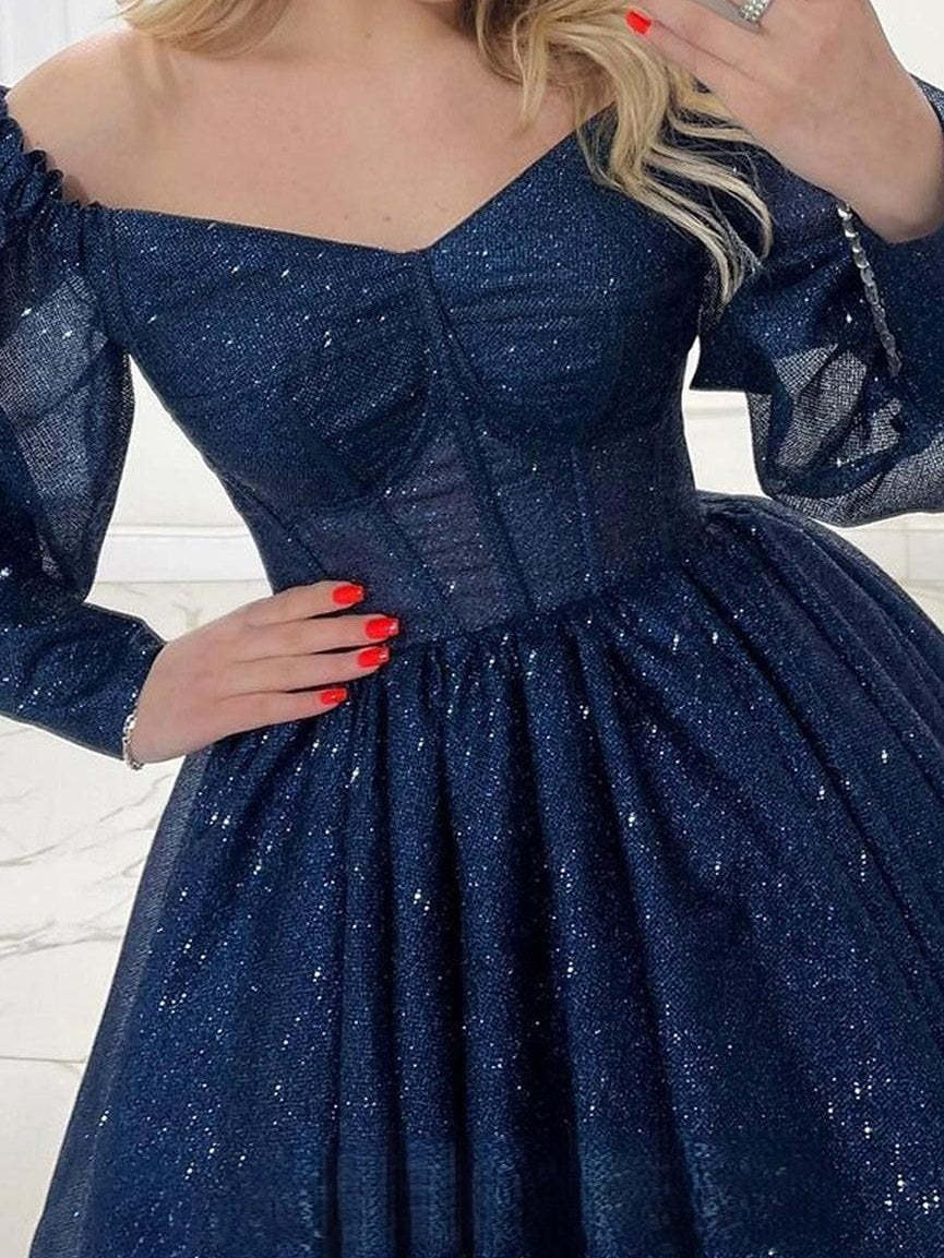 V-Neck Princess A-Line Mini Party Dress with Long Sleeves and Glitter for Homecoming