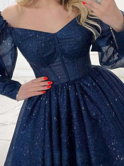 V-Neck Princess A-Line Mini Party Dress with Long Sleeves and Glitter for Homecoming