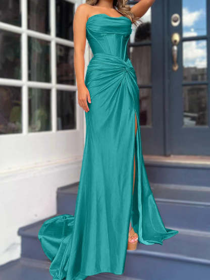 Strapless Long Column Dresses with Side Split and Floor-length Sheath