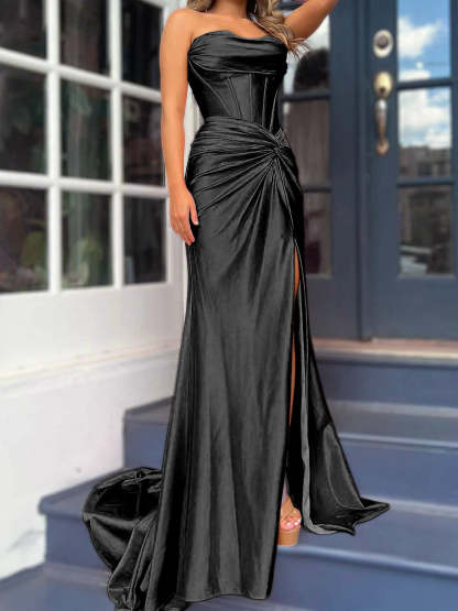 Strapless Long Column Dresses with Side Split and Floor-length Sheath