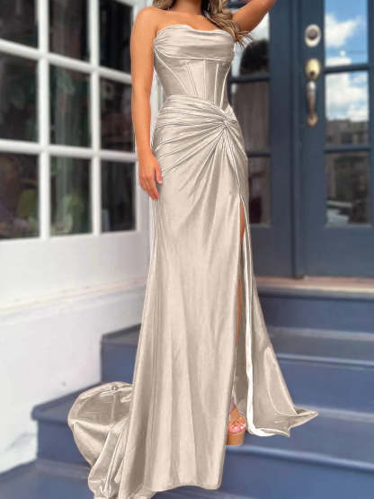 Strapless Long Column Dresses with Side Split and Floor-length Sheath