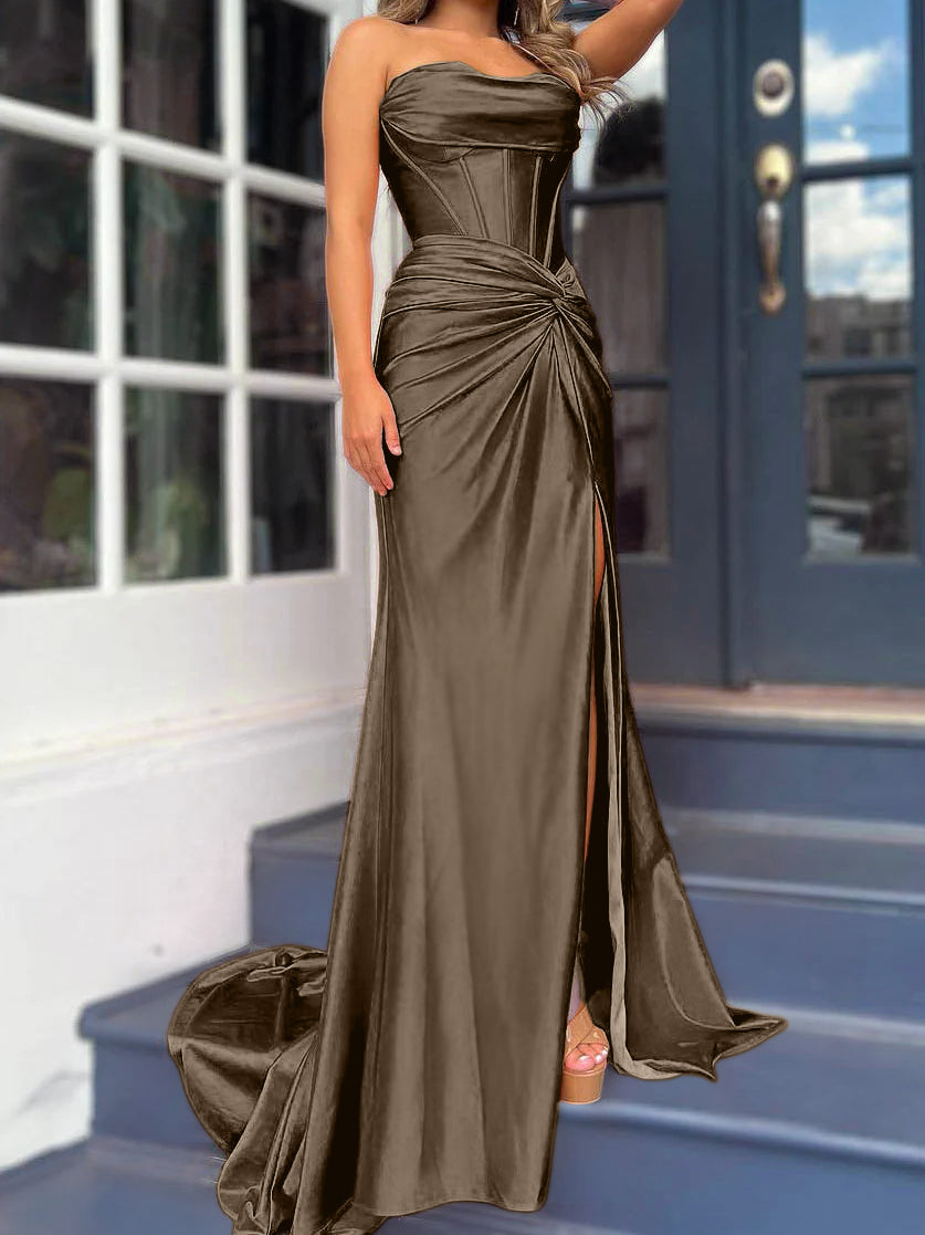 Strapless Long Column Dresses with Side Split and Floor-length Sheath