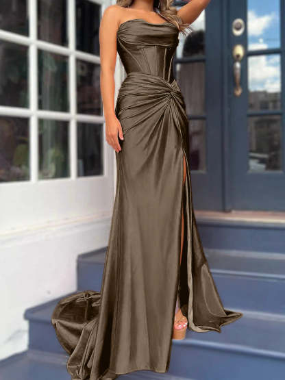 Strapless Long Column Dresses with Side Split and Floor-length Sheath