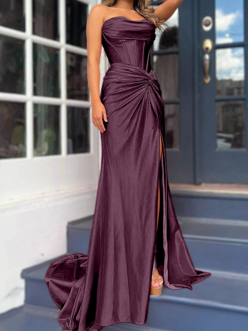 Strapless Long Column Dresses with Side Split and Floor-length Sheath