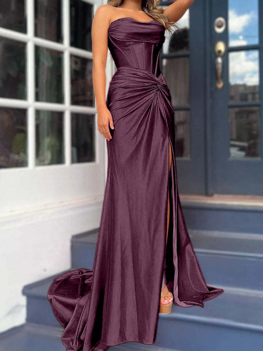 Strapless Long Column Dresses with Side Split and Floor-length Sheath