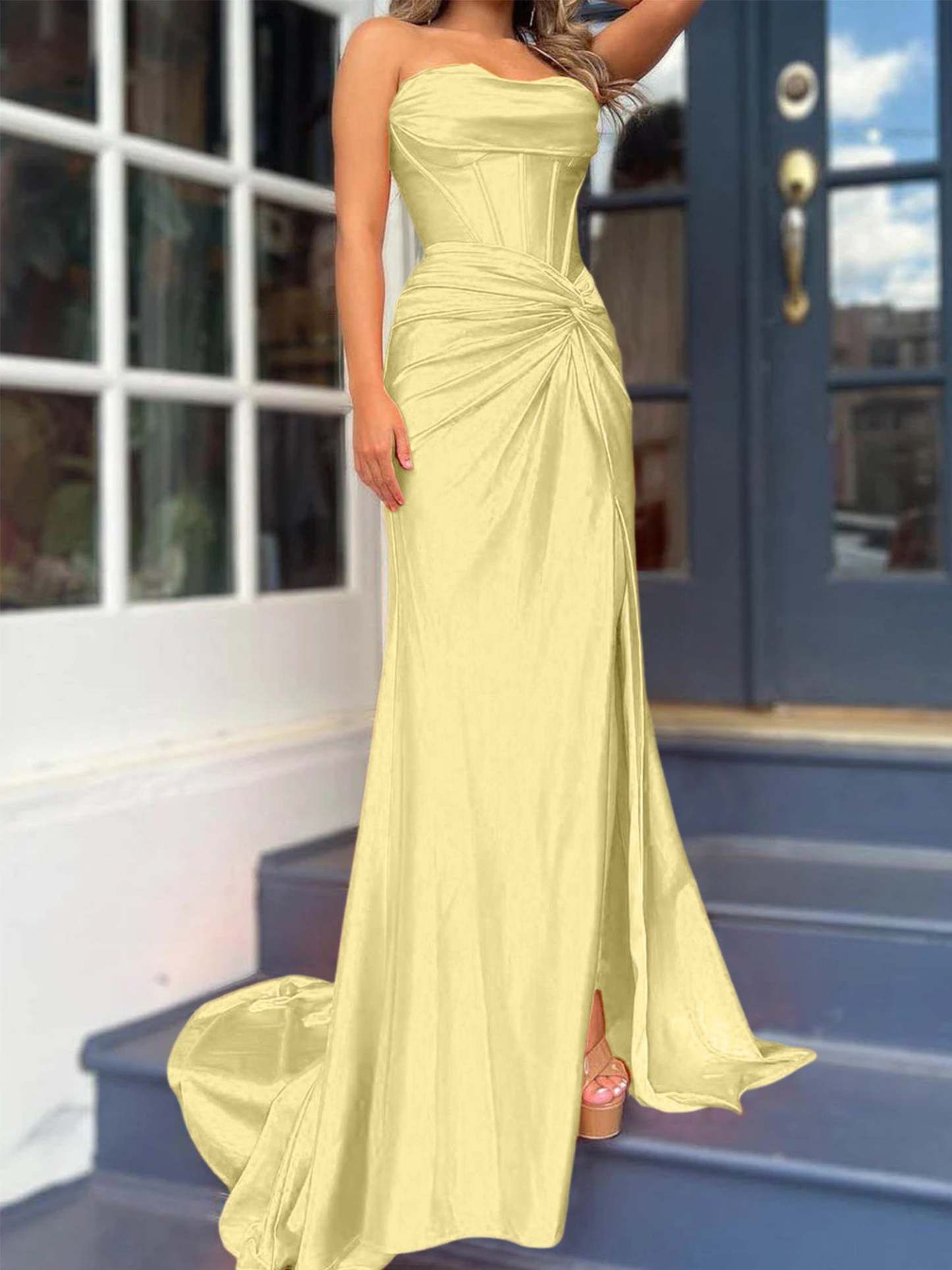 Strapless Long Column Dresses with Side Split and Floor-length Sheath