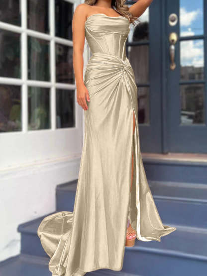 Strapless Long Column Dresses with Side Split and Floor-length Sheath