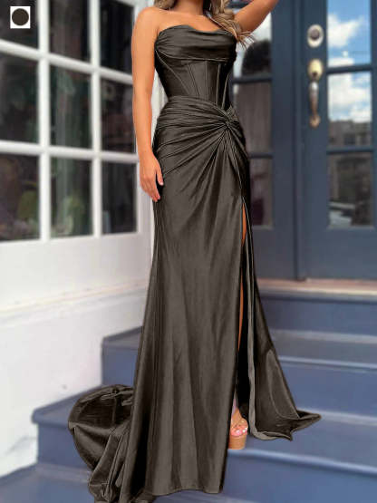 Strapless Long Column Dresses with Side Split and Floor-length Sheath