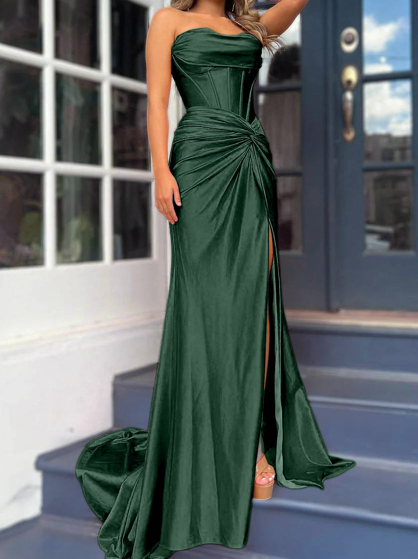 Strapless Long Column Dresses with Side Split and Floor-length Sheath