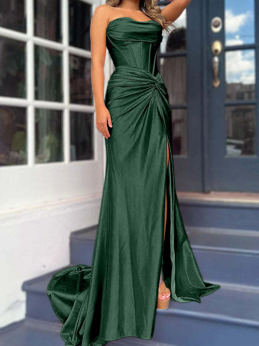 Strapless Long Column Dresses with Side Split and Floor-length Sheath