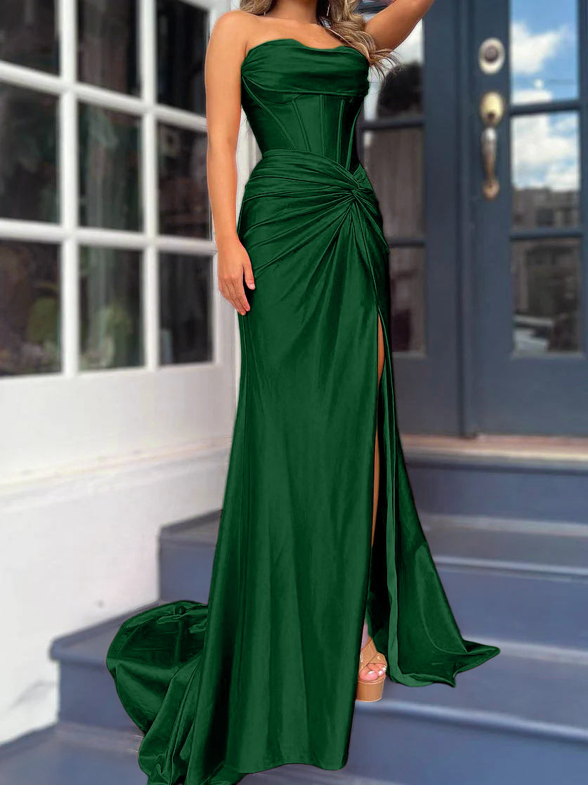 Strapless Long Column Dresses with Side Split and Floor-length Sheath