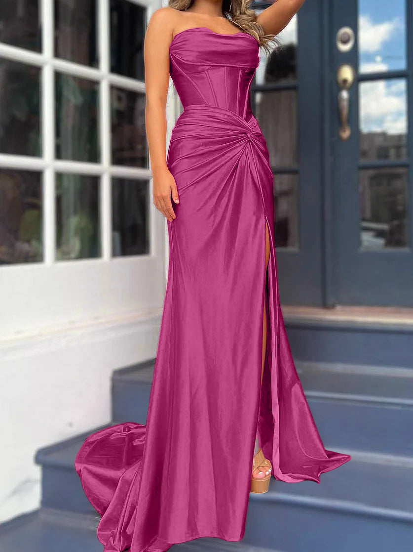 Strapless Long Column Dresses with Side Split and Floor-length Sheath