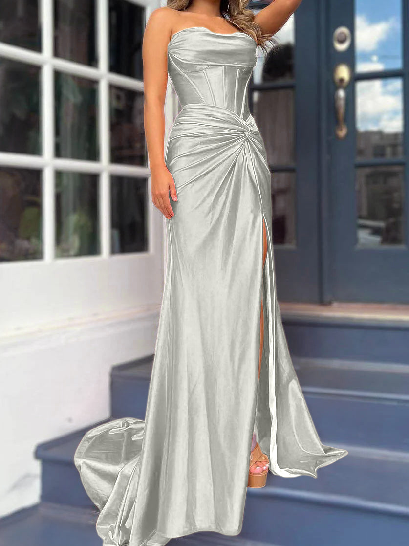 Strapless Long Column Dresses with Side Split and Floor-length Sheath