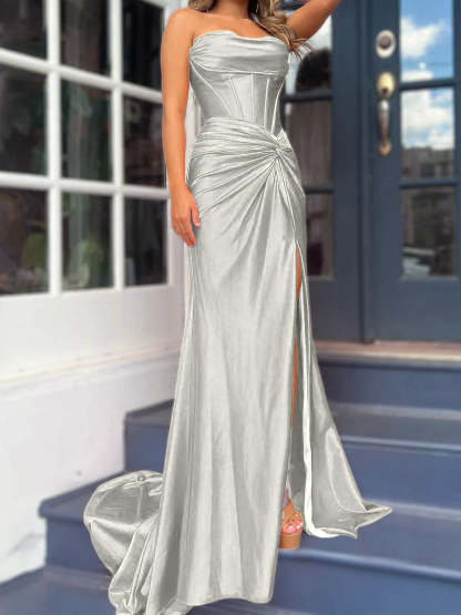 Strapless Long Column Dresses with Side Split and Floor-length Sheath