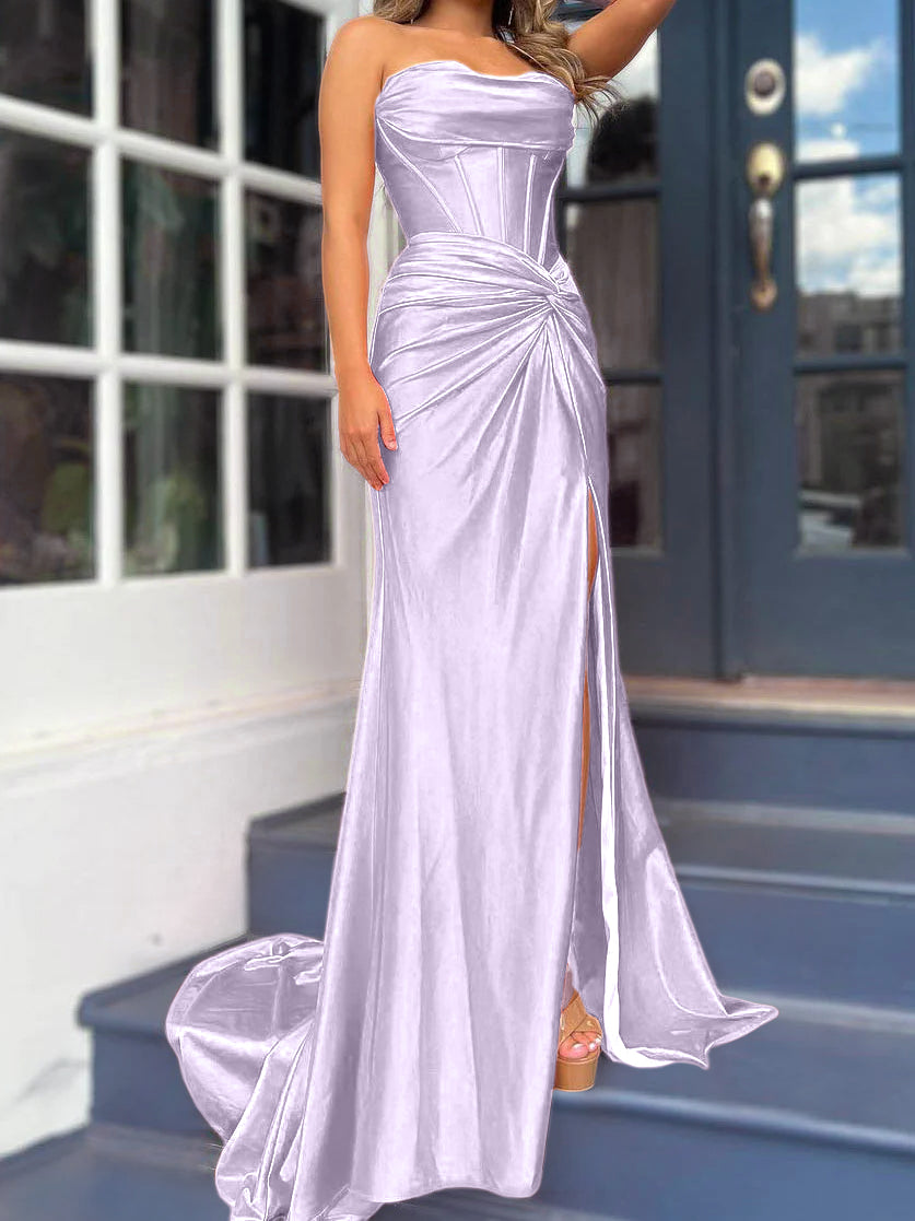 Strapless Long Column Dresses with Side Split and Floor-length Sheath