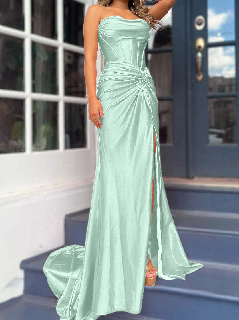Strapless Long Column Dresses with Side Split and Floor-length Sheath