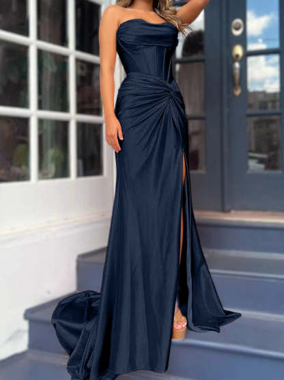 Strapless Long Column Dresses with Side Split and Floor-length Sheath