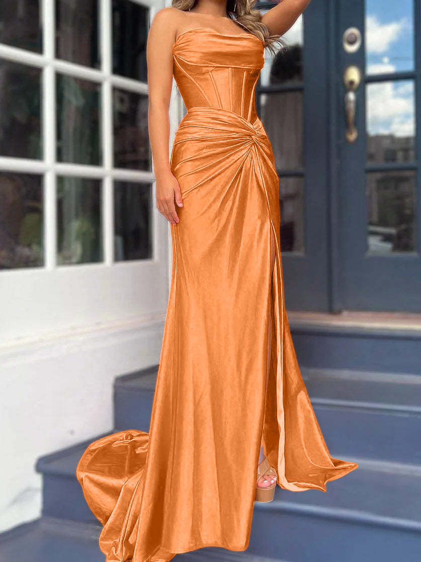 Strapless Long Column Dresses with Side Split and Floor-length Sheath