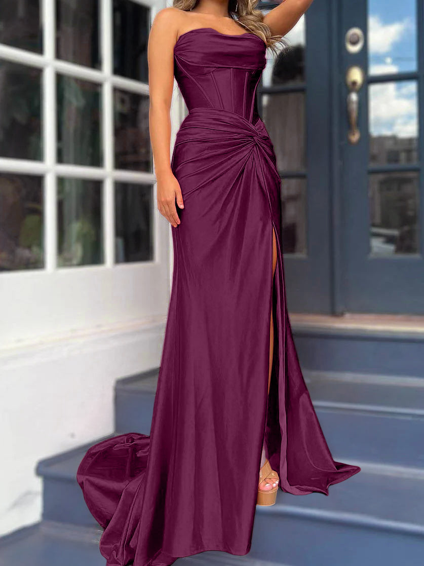 Strapless Long Column Dresses with Side Split and Floor-length Sheath