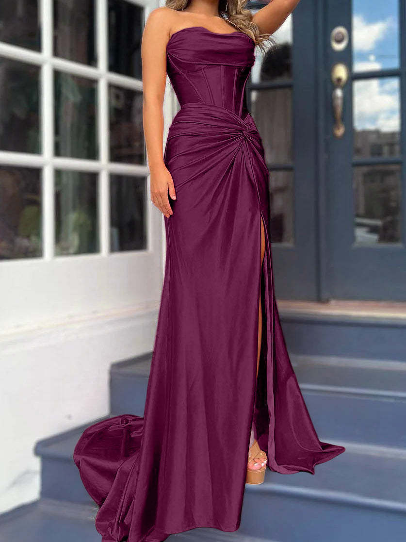 Strapless Long Column Dresses with Side Split and Floor-length Sheath