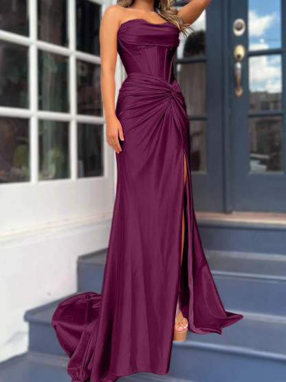 Strapless Long Column Dresses with Side Split and Floor-length Sheath