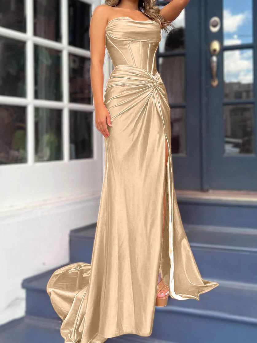 Strapless Long Column Dresses with Side Split and Floor-length Sheath