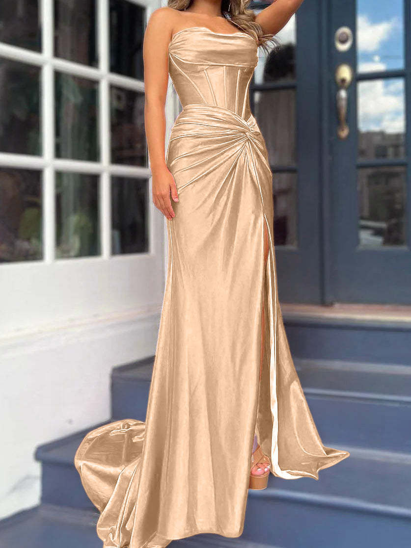 Strapless Long Column Dresses with Side Split and Floor-length Sheath