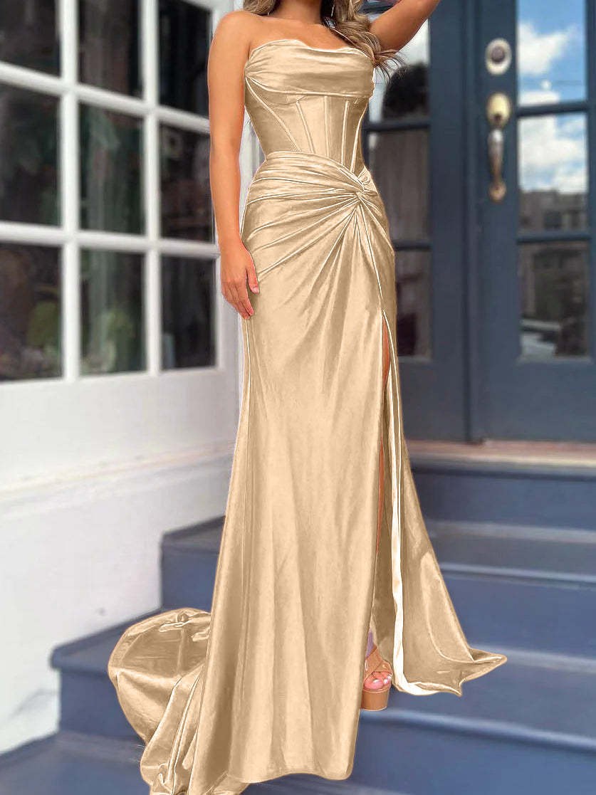 Strapless Long Column Dresses with Side Split and Floor-length Sheath