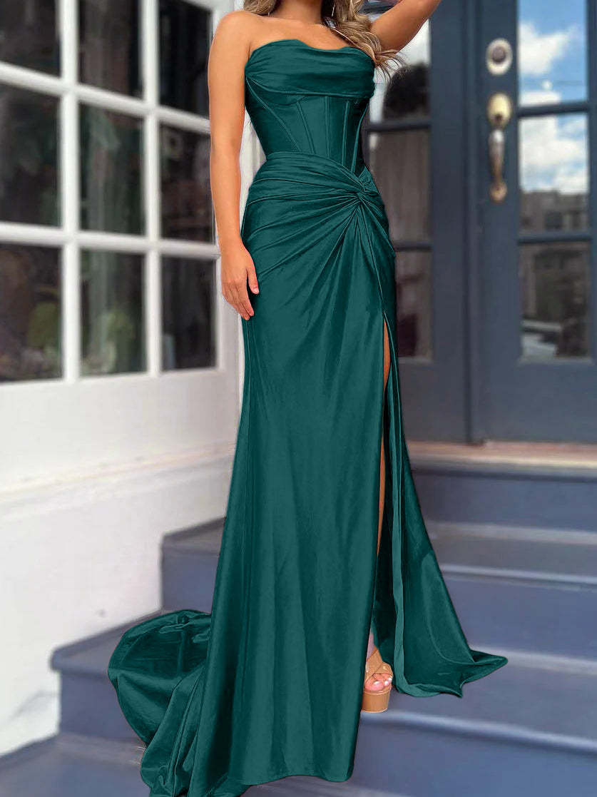 Strapless Long Column Dresses with Side Split and Floor-length Sheath
