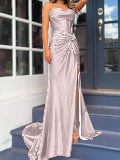 Strapless Long Column Dresses with Side Split and Floor-length Sheath