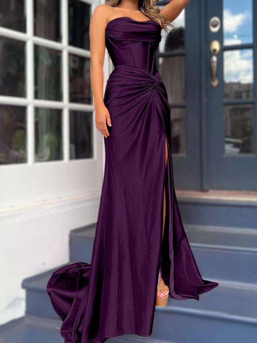 Strapless Long Column Dresses with Side Split and Floor-length Sheath