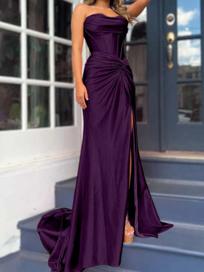 Strapless Long Column Dresses with Side Split and Floor-length Sheath