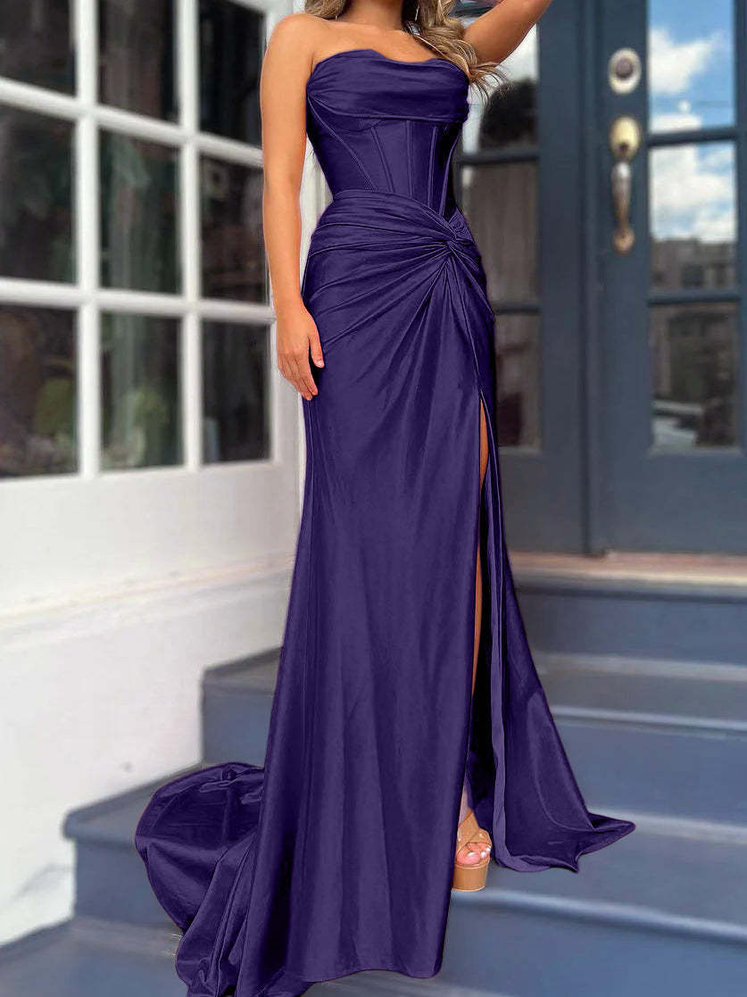 Strapless Long Column Dresses with Side Split and Floor-length Sheath