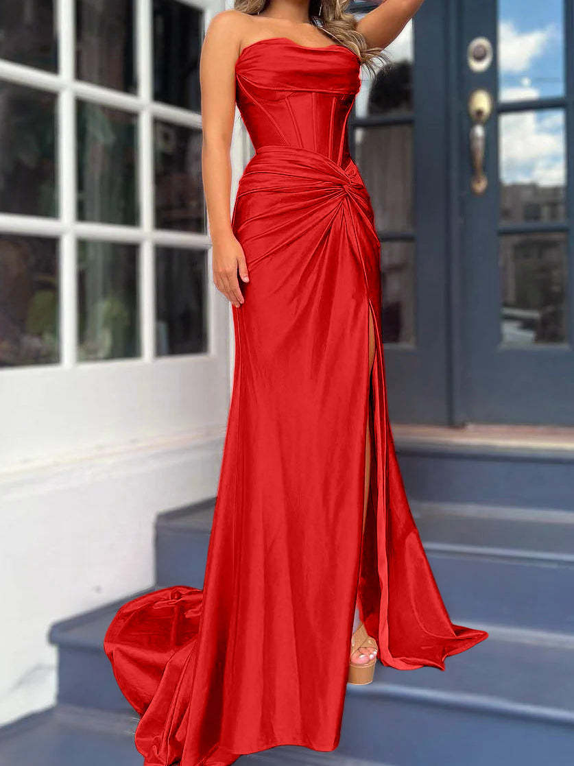 Strapless Long Column Dresses with Side Split and Floor-length Sheath