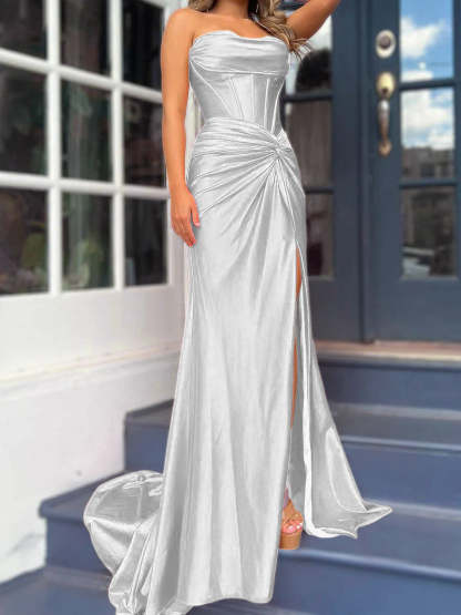 Strapless Long Column Dresses with Side Split and Floor-length Sheath