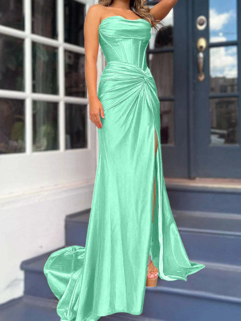 Strapless Long Column Dresses with Side Split and Floor-length Sheath