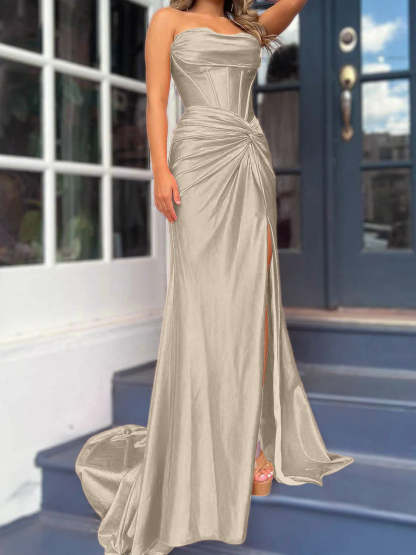 Strapless Long Column Dresses with Side Split and Floor-length Sheath
