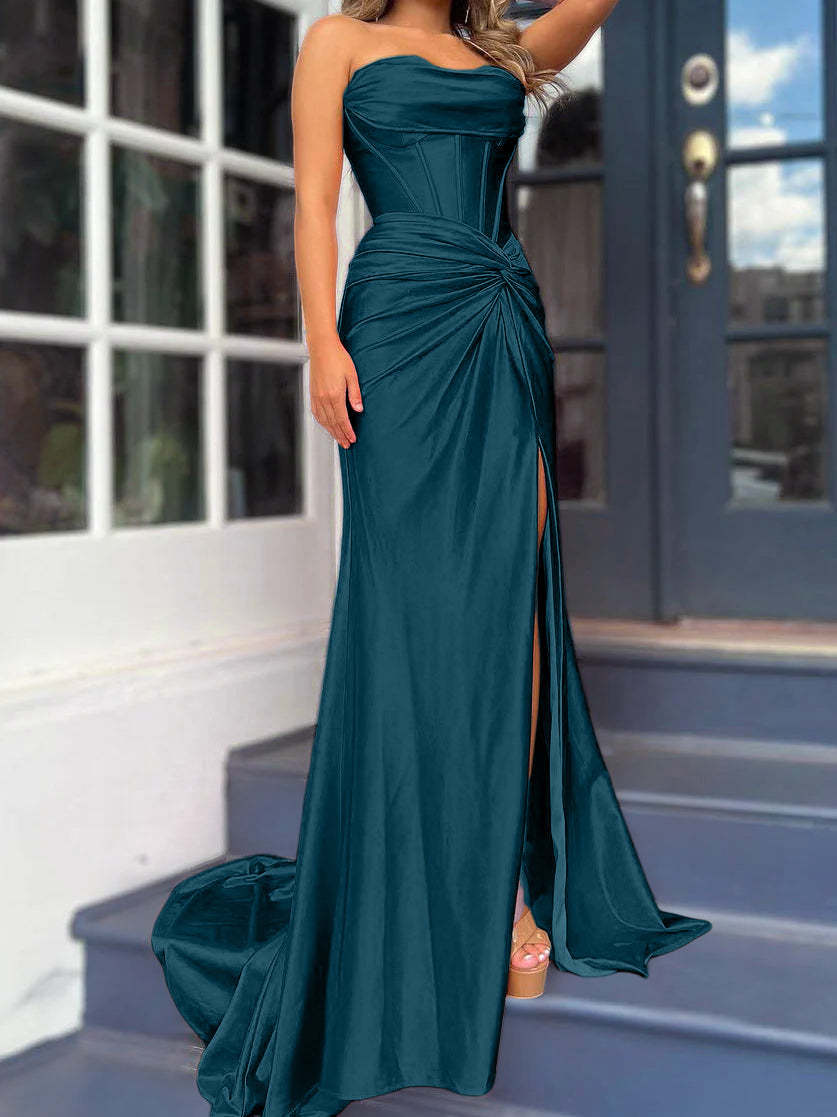 Strapless Long Column Dresses with Side Split and Floor-length Sheath