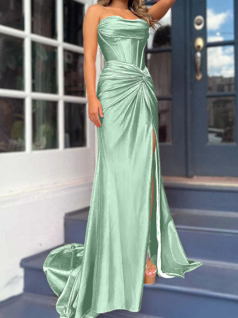 Strapless Long Column Dresses with Side Split and Floor-length Sheath
