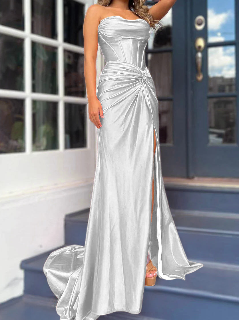 Strapless Long Column Dresses with Side Split and Floor-length Sheath