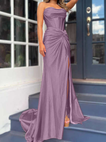 Strapless Long Column Dresses with Side Split and Floor-length Sheath