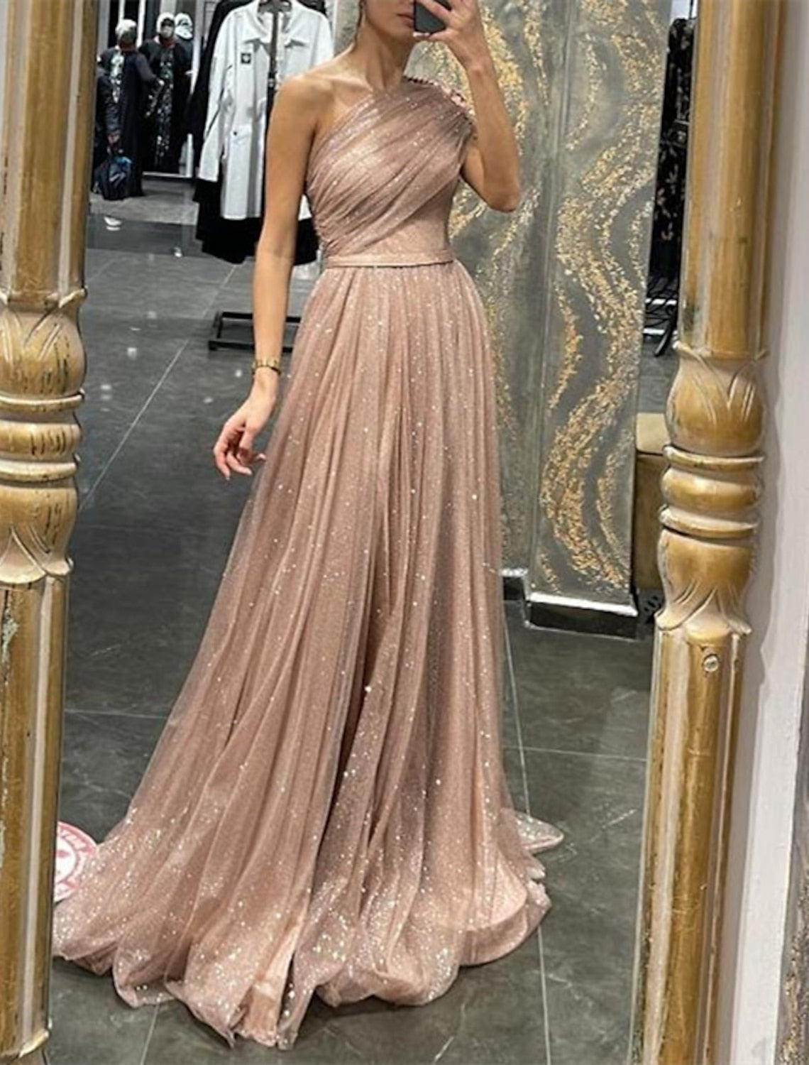 One-Shoulder Long A-Line Princess Prom Dresses Featuring Sequins