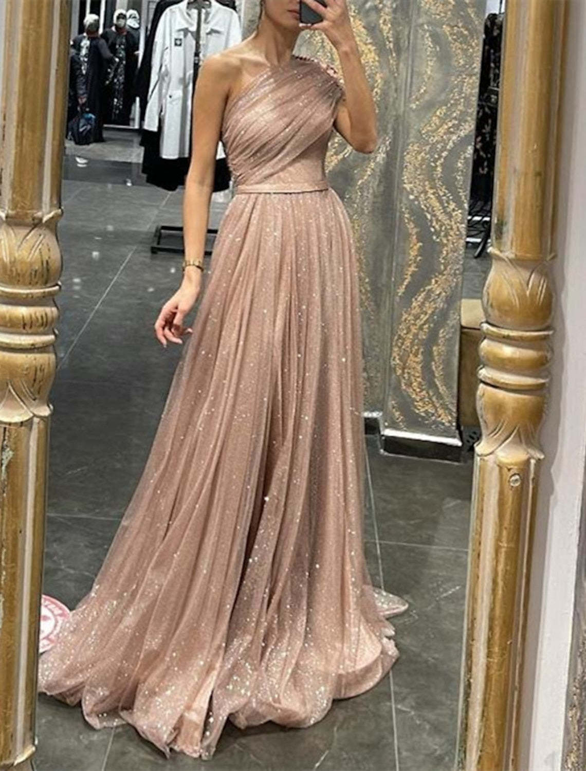 One-Shoulder Long A-Line Princess Prom Dresses Featuring Sequins