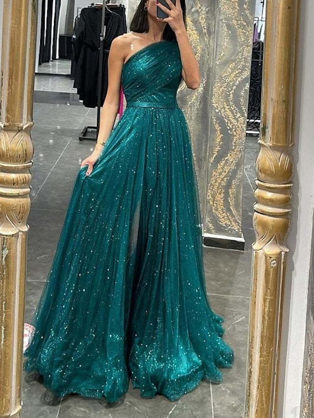 One-Shoulder Long A-Line Princess Prom Dresses Featuring Sequins