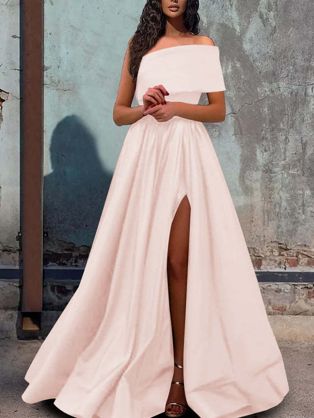 One-Shoulder A-Line Princess Prom Dress with Floor-Length Hem