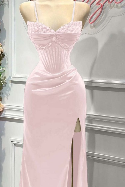 Red Spaghetti Strap Sleeveless Beading Long Prom Dress With Split