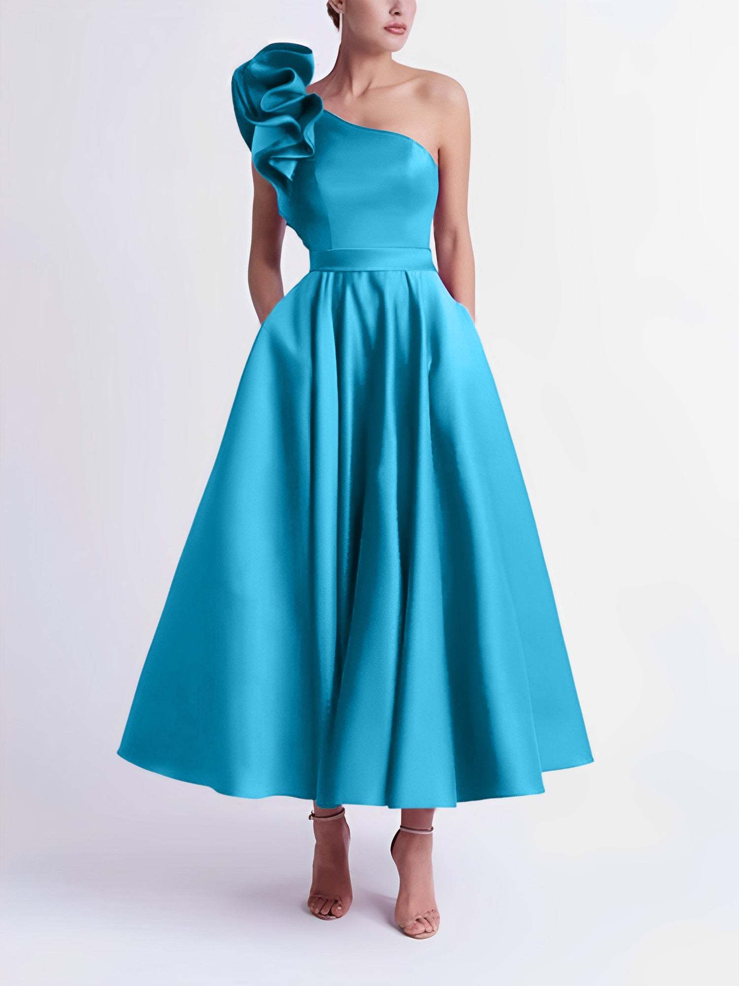 One-Shoulder A-Line Princess Prom Dress in Tea-Length